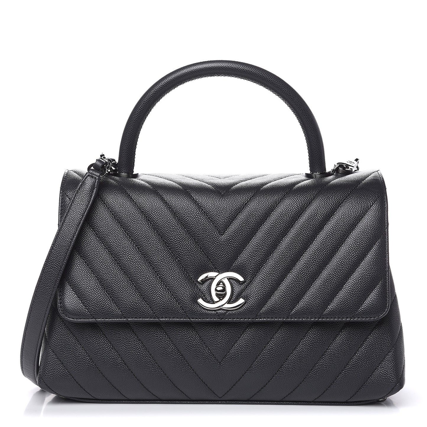 Caviar Chevron Quilted Small Coco Handle Flap Dark Grey