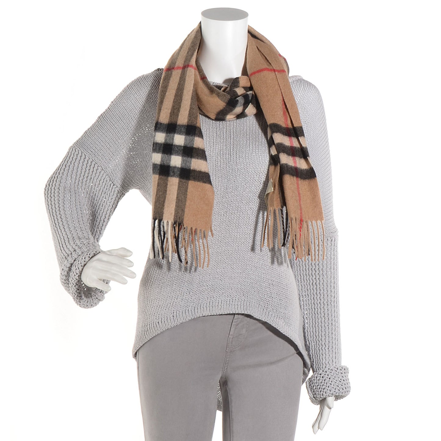 Cashmere Giant Check Fringe Scarf Camel
