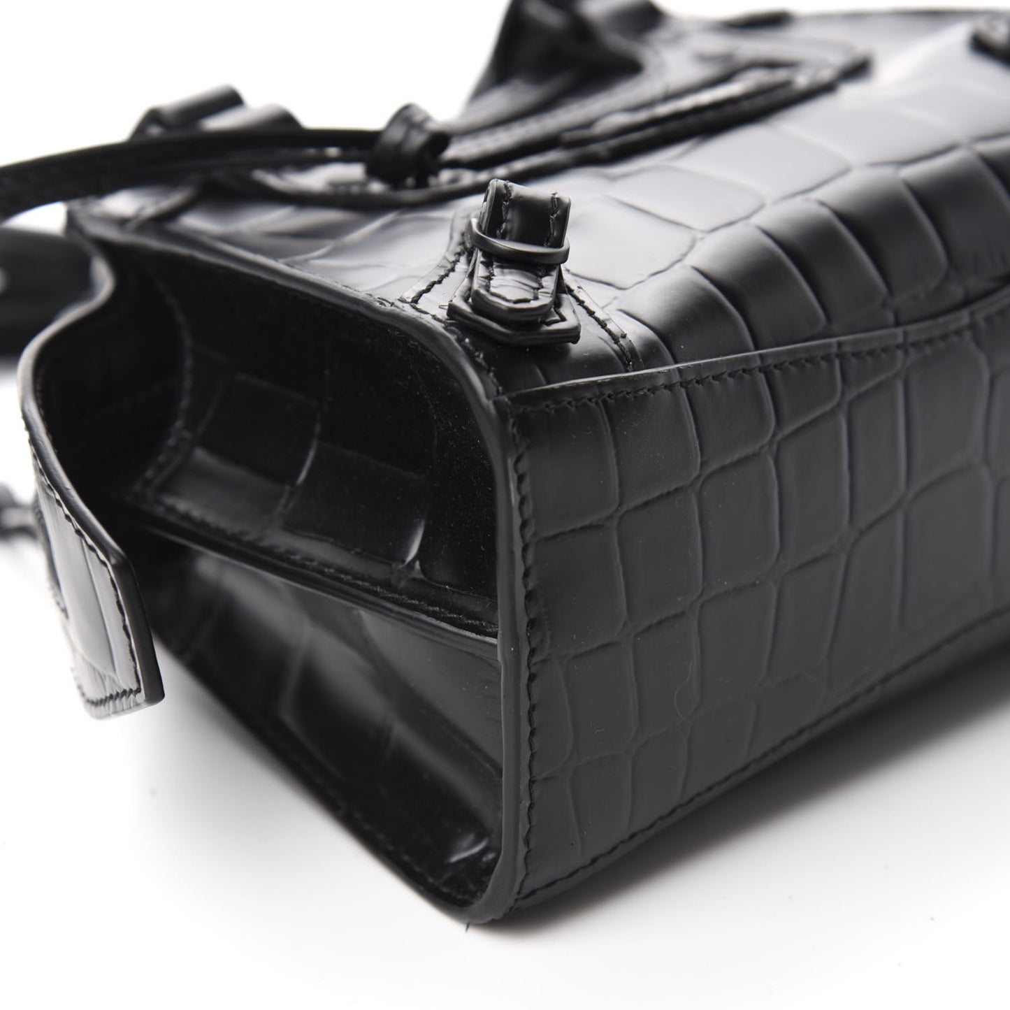 Semi Shiny Calfskin Crocodile Embossed Neo Classic Black Hardware Nano City Crossbody Black