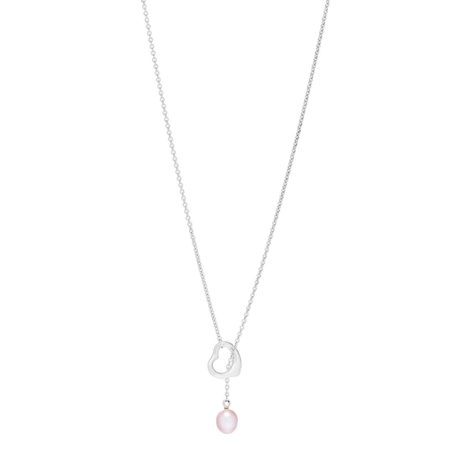 Tiffany Sterling Silver Pink Pearl 9-9.5mm Elsa Peretti Open Heart Lariat Necklace 1 of 5