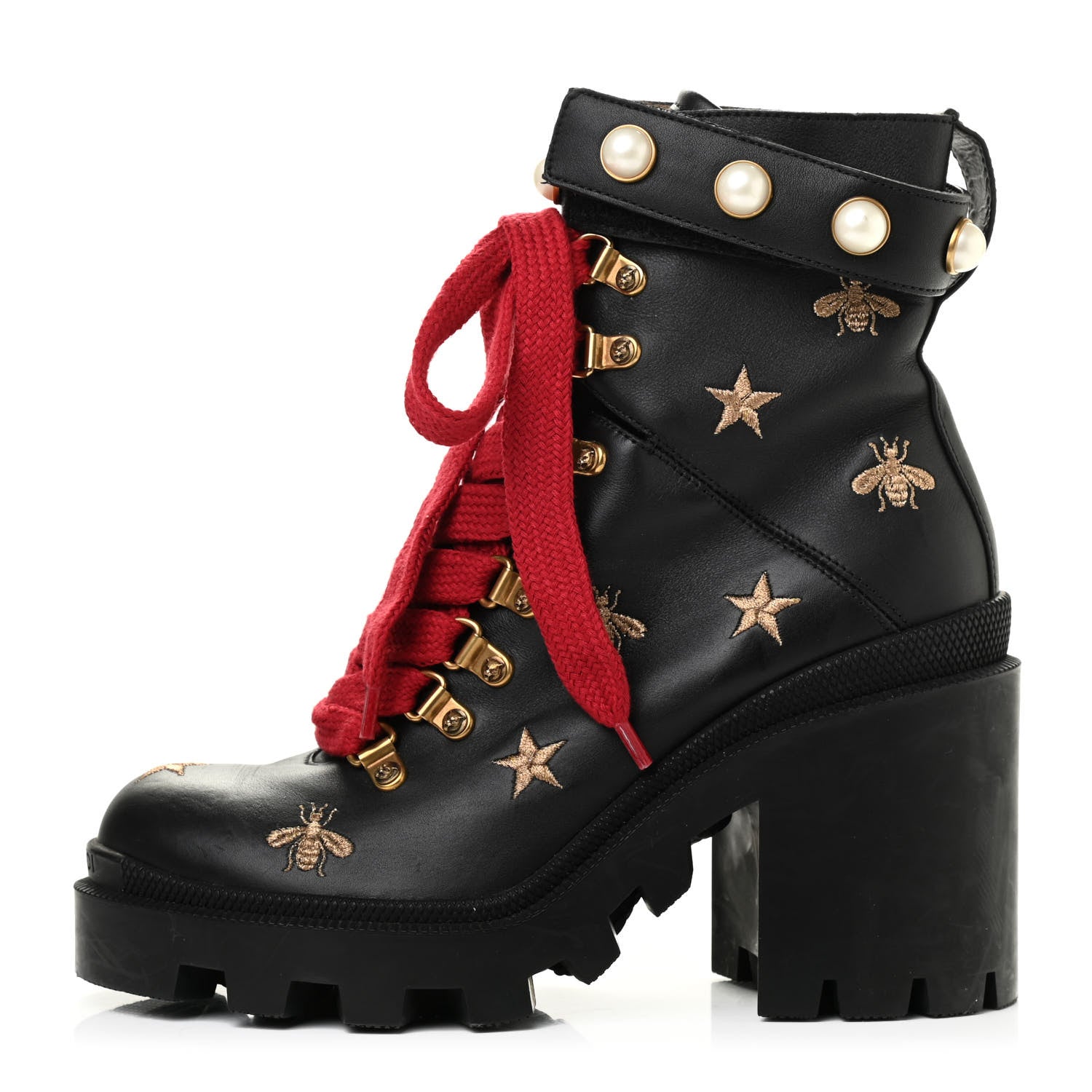 Gucci Calfskin Embroidered Lace Up Combat Ankle Boots 36 Black 1 of 14