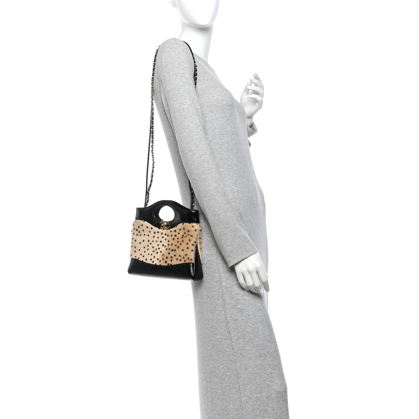 Shiny Lambskin Pony Hair Cheetah Printed Mini 31 Shopping Bag Light Beige Black