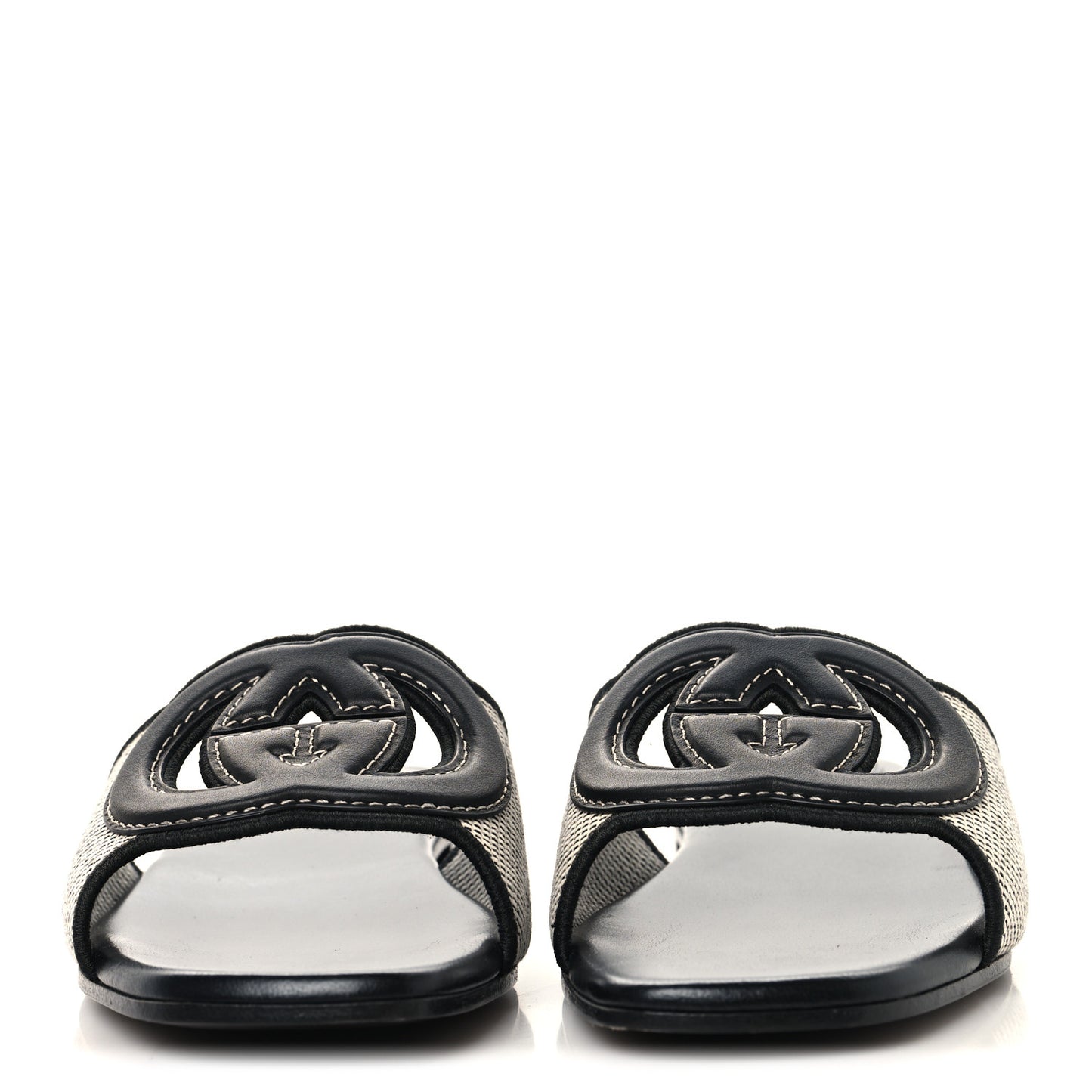 Canvas Rice Cosmos Softy Calfskin Interlocking G Cut Out Slide Sandals 37.5 Black Natural