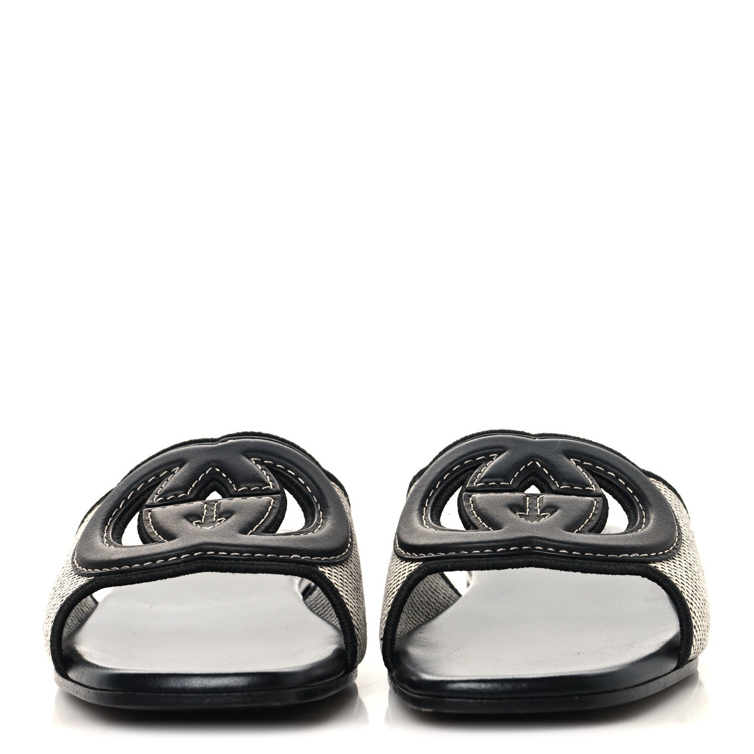 Gucci Canvas Rice Cosmos Softy Calfskin Interlocking G Cut Out Slide Sandals 37.5 Black Natural 3 of 9