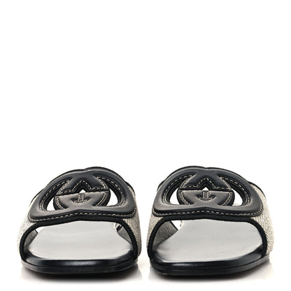 Gucci Canvas Rice Cosmos Softy Calfskin Interlocking G Cut Out Slide Sandals 37.5 Black Natural 3 of 9