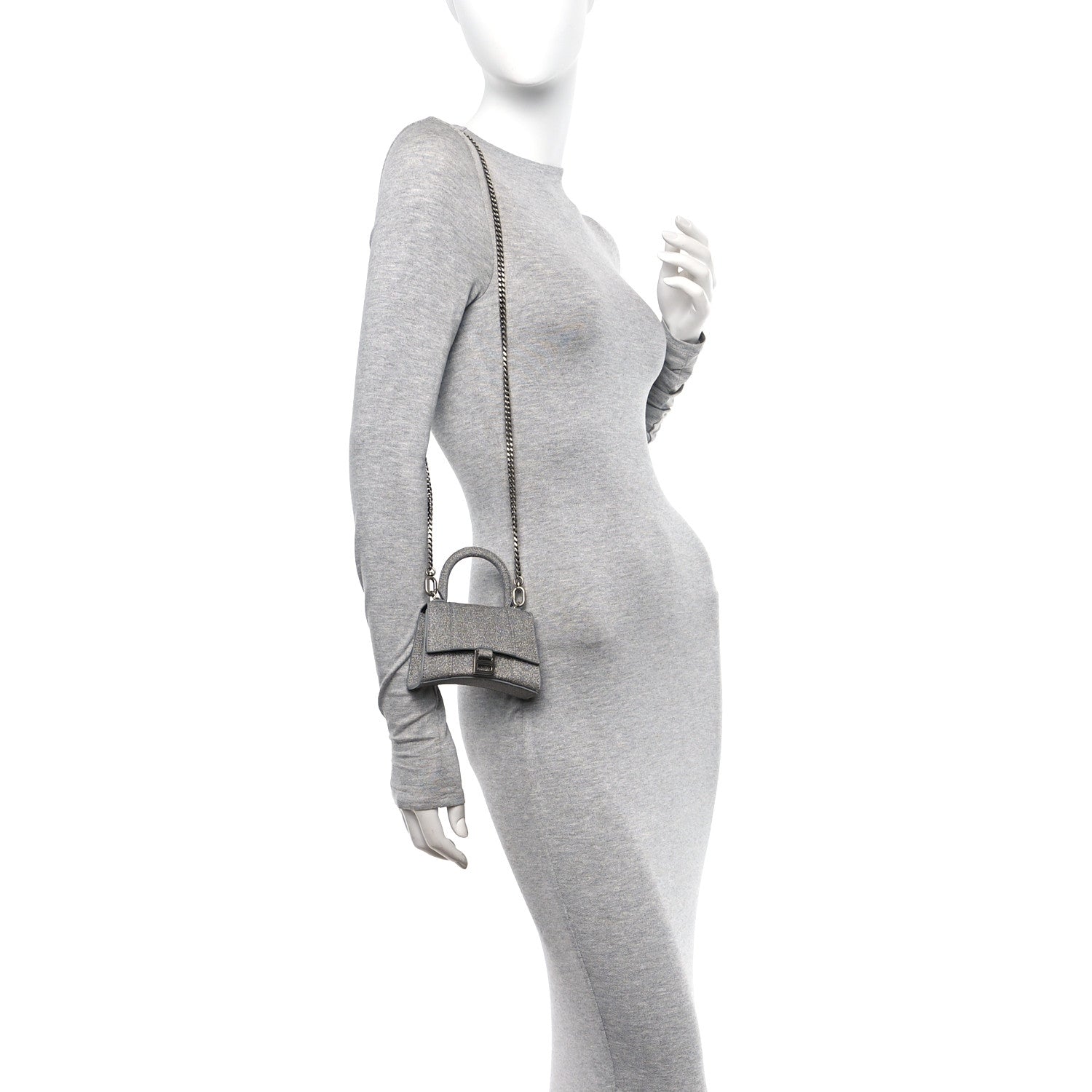 Balenciaga Glitter Fabric Hourglass Top Handle Bag Mini with Chain Grey 2 of 9