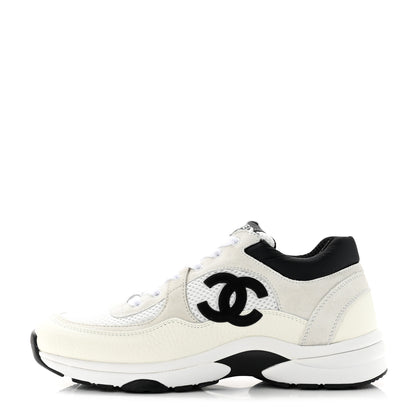 Chanel Mesh Suede Calfskin Grained Calfskin Womens CC Sneakers 38.5 White Black 1 of 7