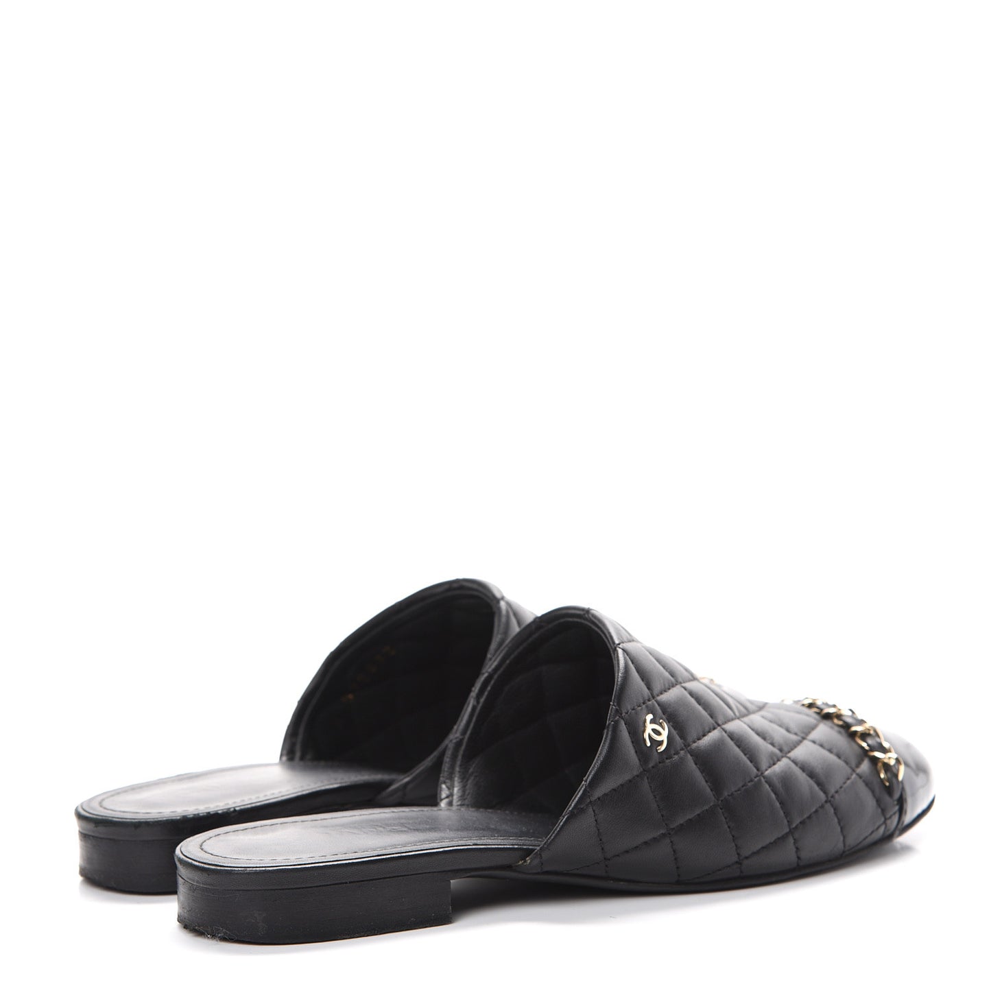Lambskin Patent Quilted Chain Mules 38 Black