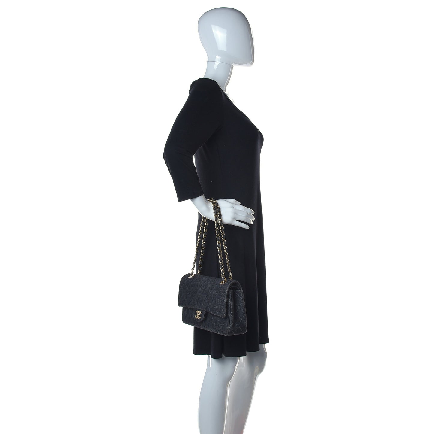 Denim Quilted Medium Double Flap Black