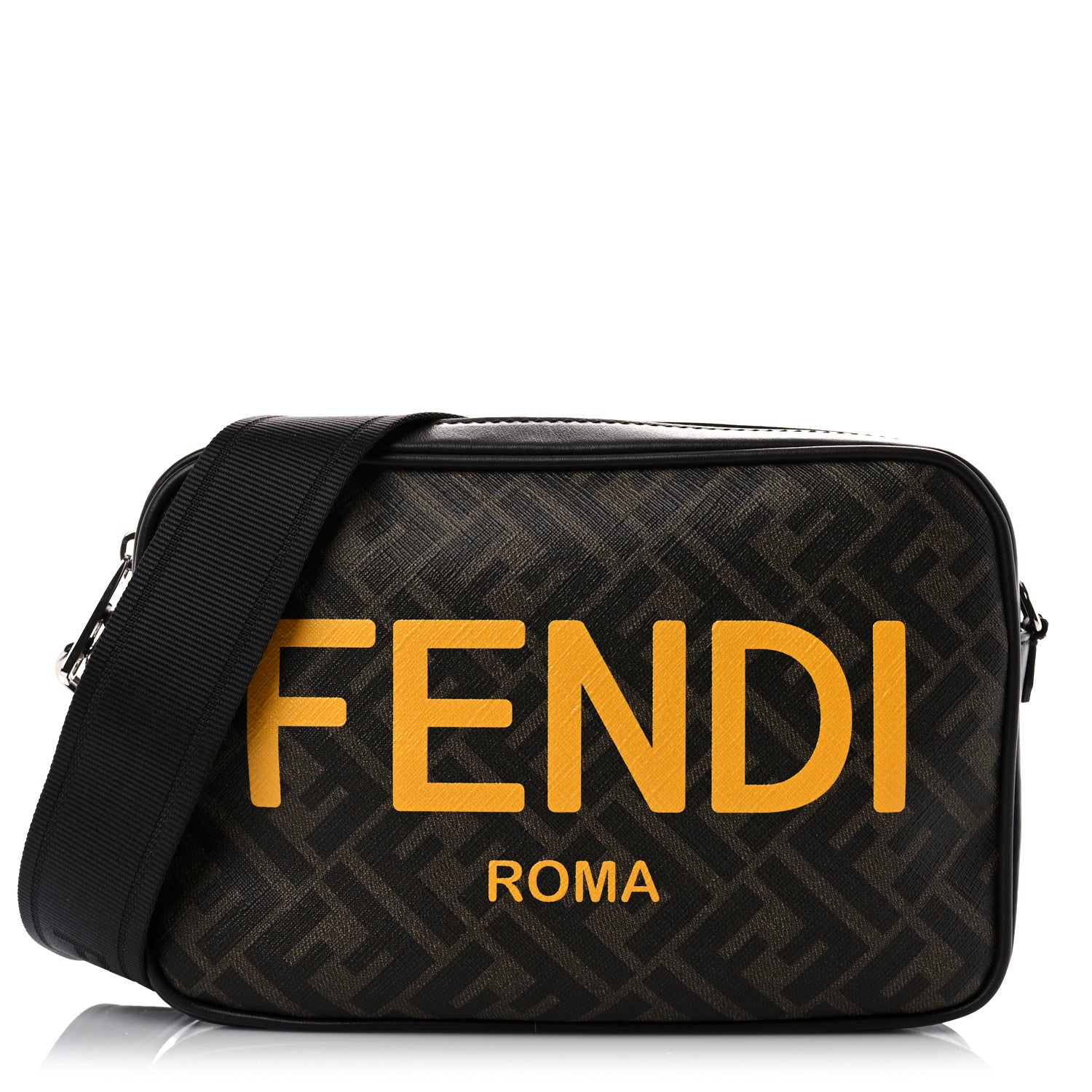 Fendi Shiny Glazed Fabric Vitello Cover FF 1974 Logo Medium Camera Case Tobacco Moro Giallo Ebano 1 of 12