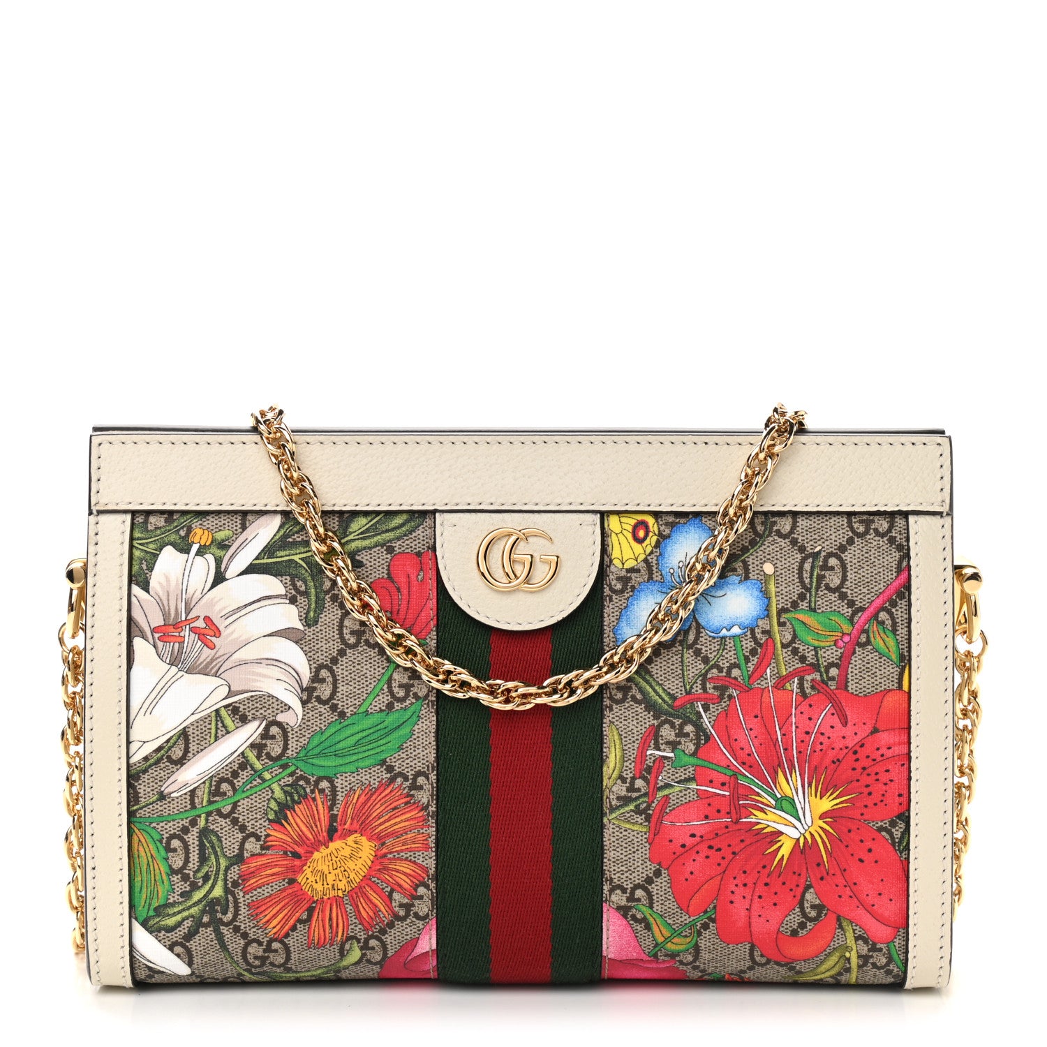 Gucci GG Supreme Monogram Flora Web Small Ophidia Chain Shoulder Bag White 1 of 9