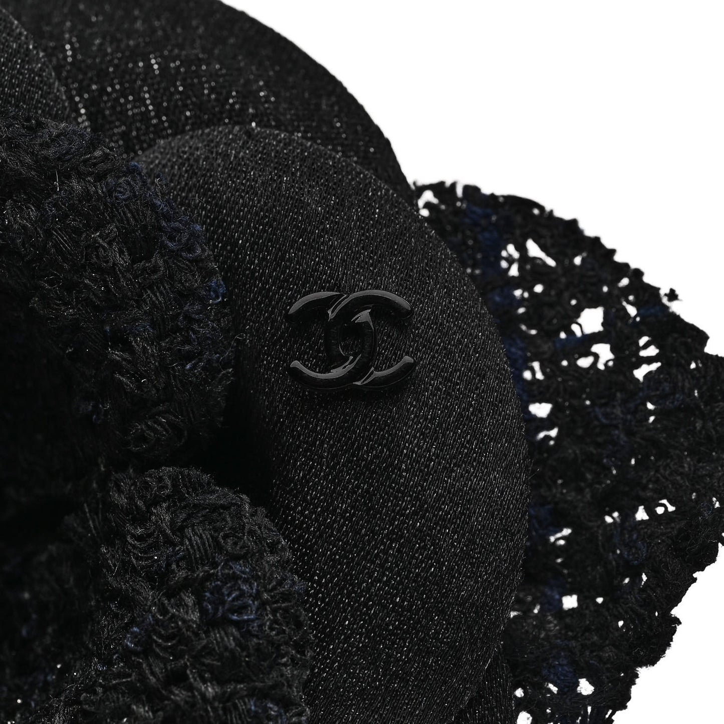 Tweed Fabric Camellia Pin Brooch Navy Blue Black