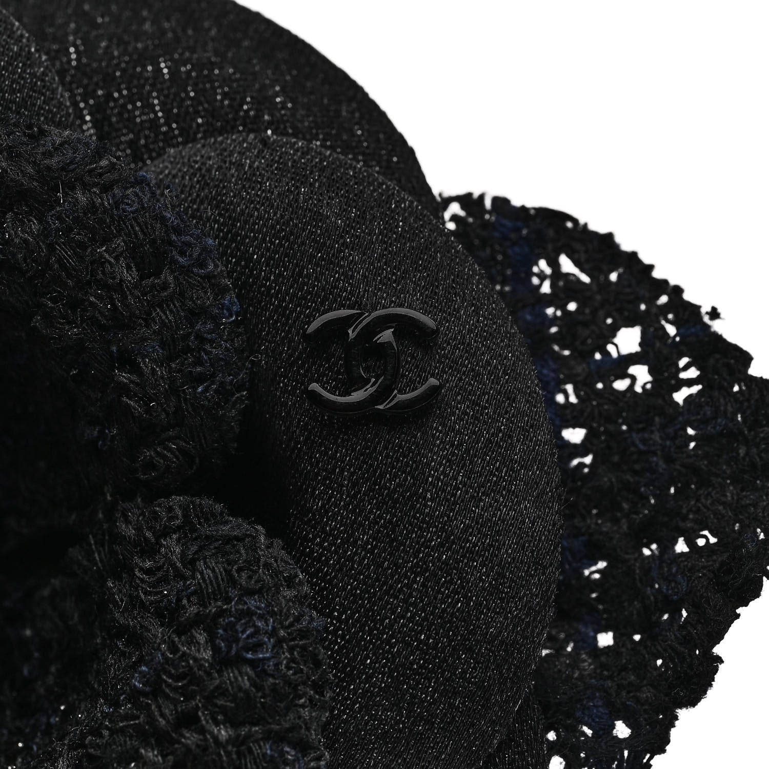 Chanel Tweed Fabric Camellia Pin Brooch Navy Blue Black 4 of 4