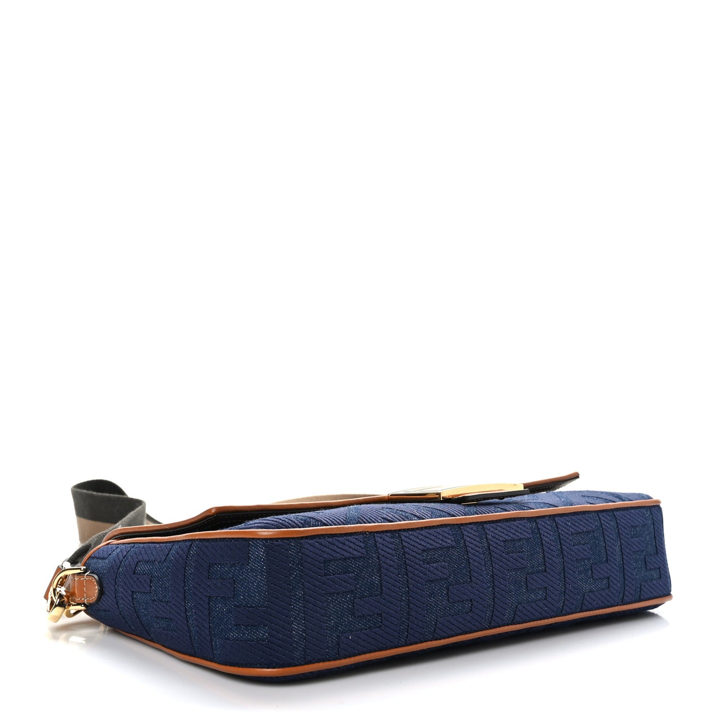 Denim Vitello King FF Embroidered Large Baguette Blue Cuoio