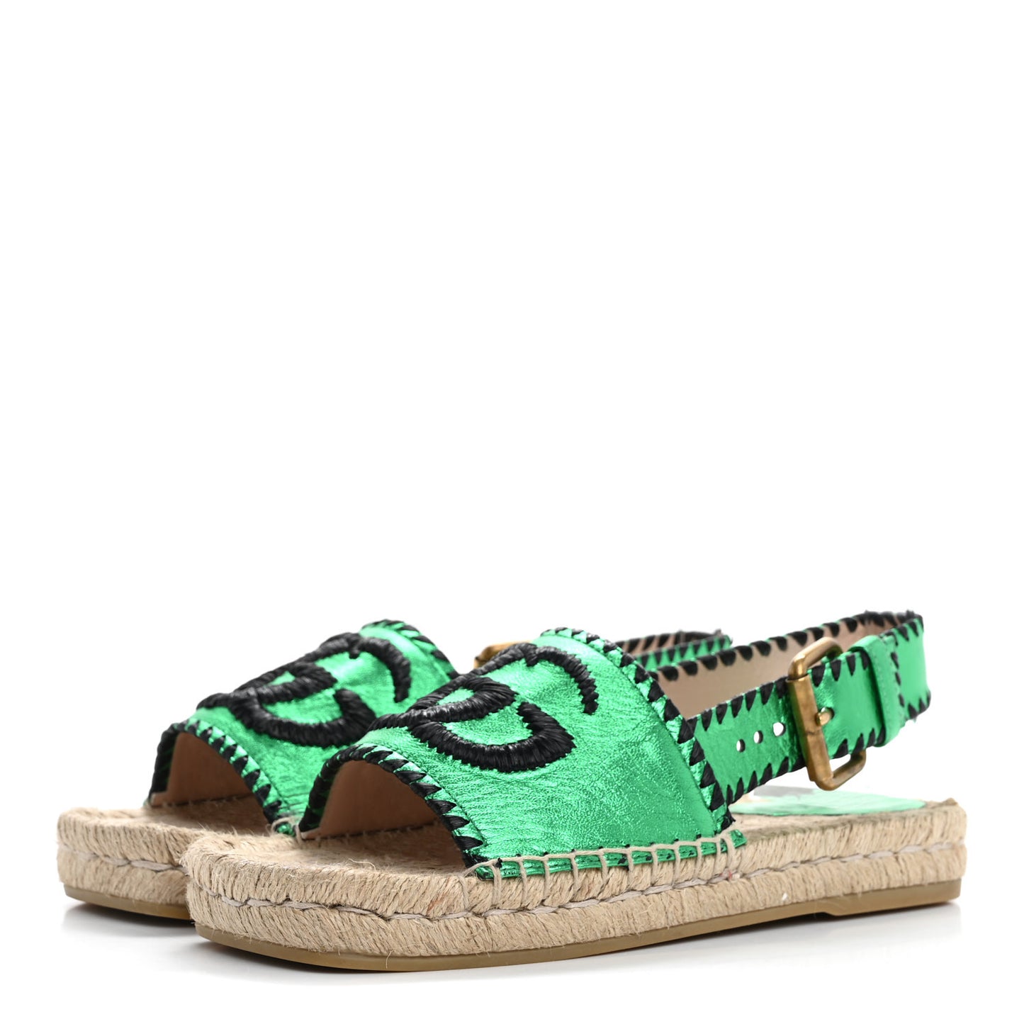 Metallic Nappa Embroidered Double G Espadrille Slingback Sandals 35 Green