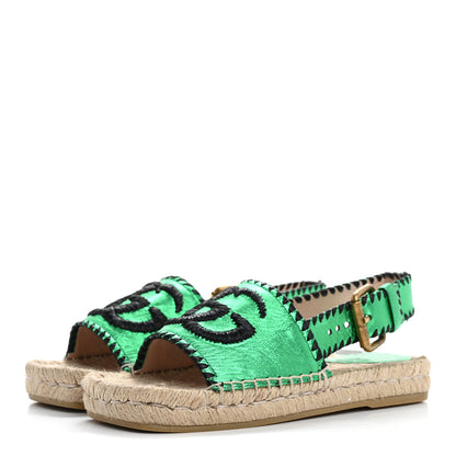 Gucci Metallic Nappa Embroidered Double G Espadrille Slingback Sandals 35 Green 4 of 17