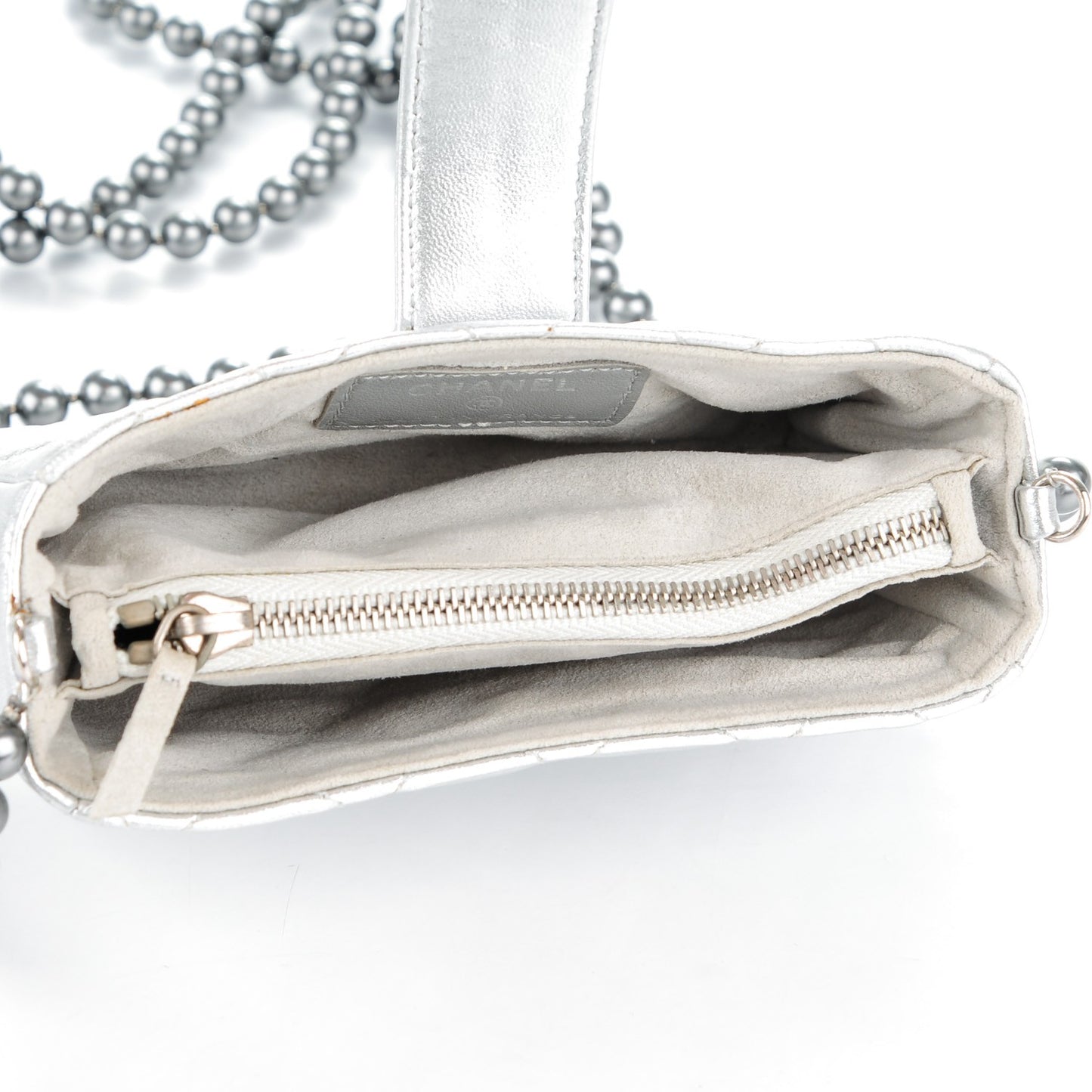 Metallic Lambskin Quilted Pearl Chain Mini Love Symbols Bag Silver