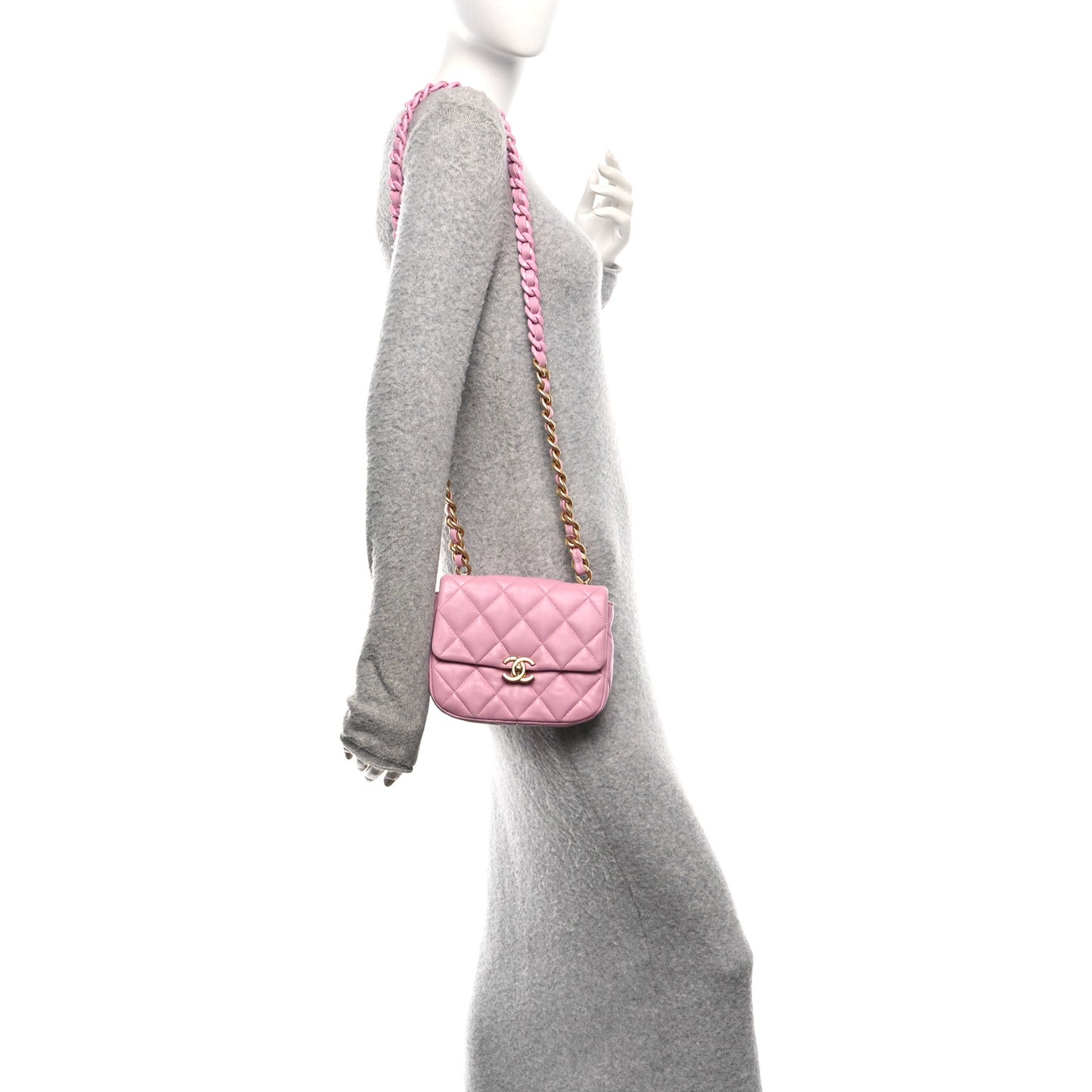 Lambskin Quilted Mini Lacquered Chain Flap Pink