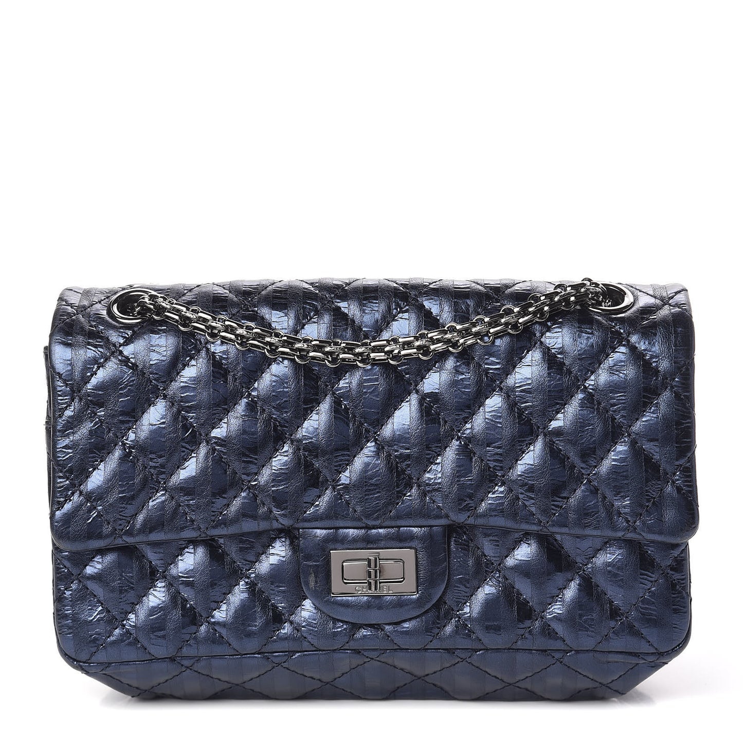 Metallic Aged Calfskin Striped Accordion Reissue 2.55 Flap Blue