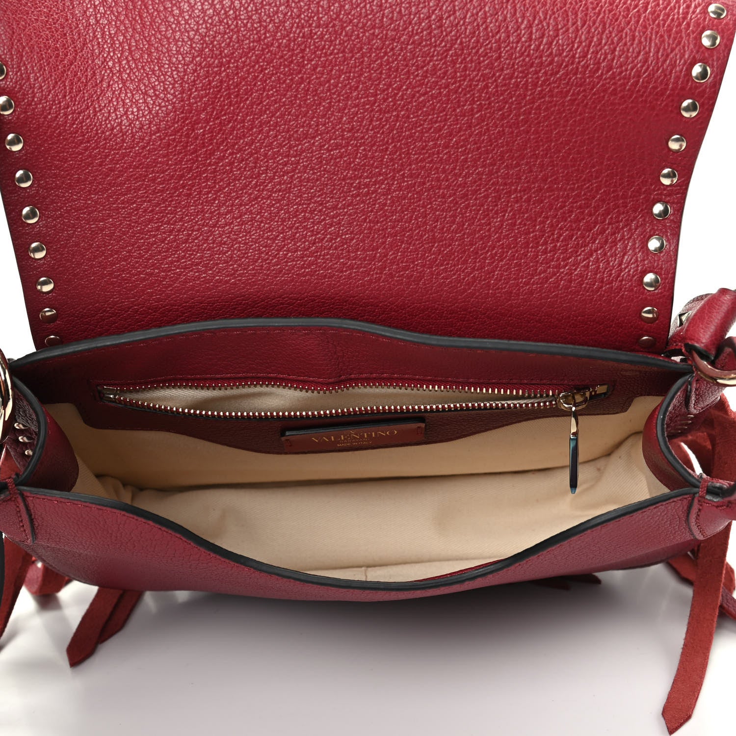 Valentino Garavani Pebbled Calfskin Rockstud Fringe Messenger Bag Rosso 5 of 9