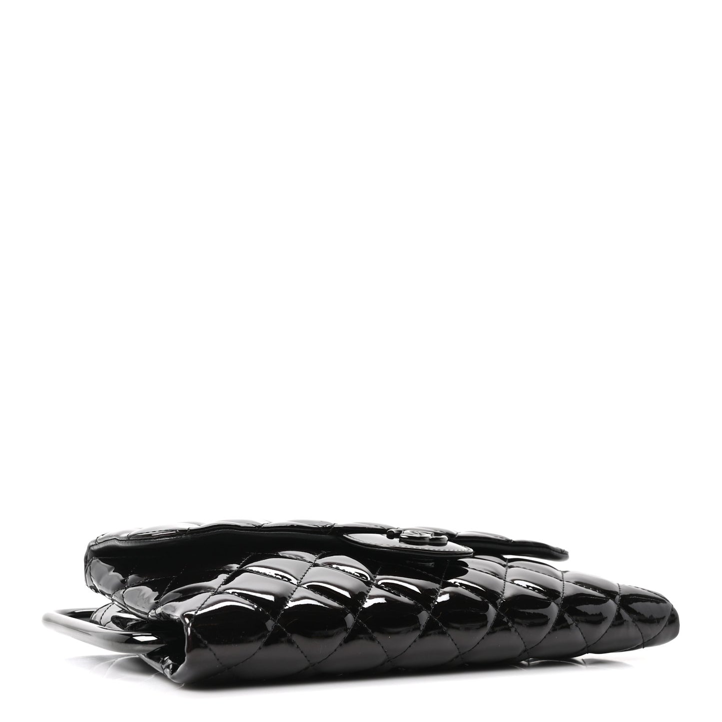 Patent Calfskin Quilted Metal Handle Clutch So Black