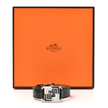 Hermes Stainless Steel Alligator Diamond 21mm Heure H Au Carre Quartz Watch Noir 5 of 5