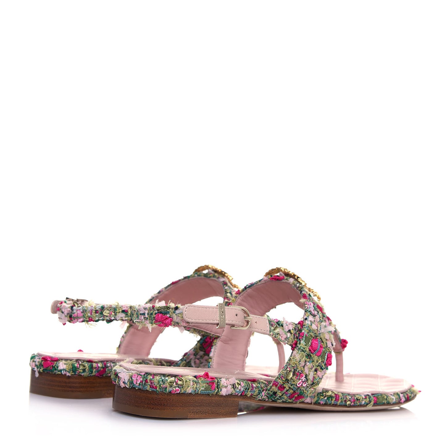 Tweed CC Logo Thong Sandals 37.5 Green Pink White