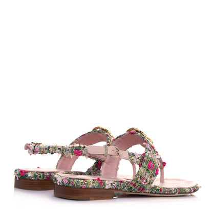Chanel Tweed CC Logo Thong Sandals 37.5 Green Pink White 4 of 11