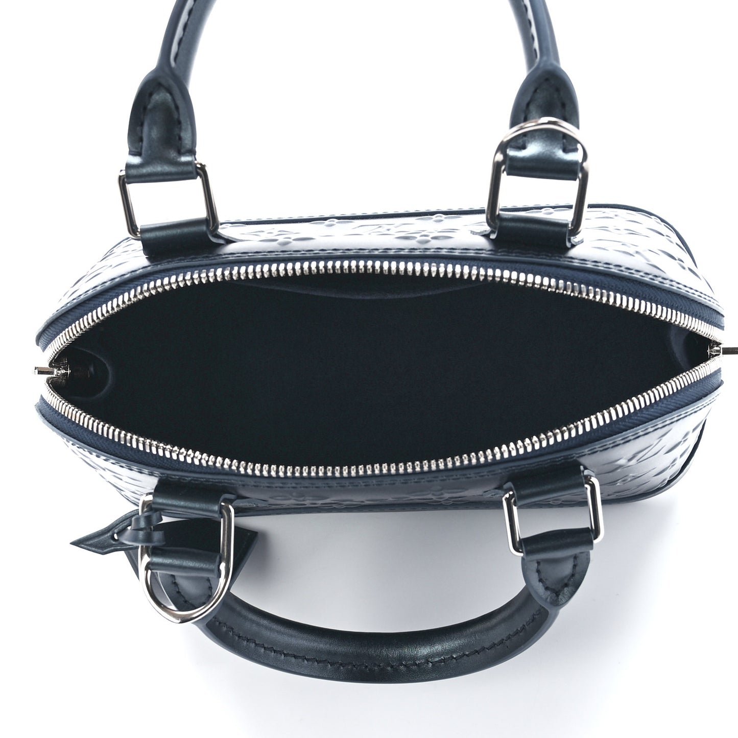 Metallic Calfskin Debossed Monogram Alma BB Steel Blue