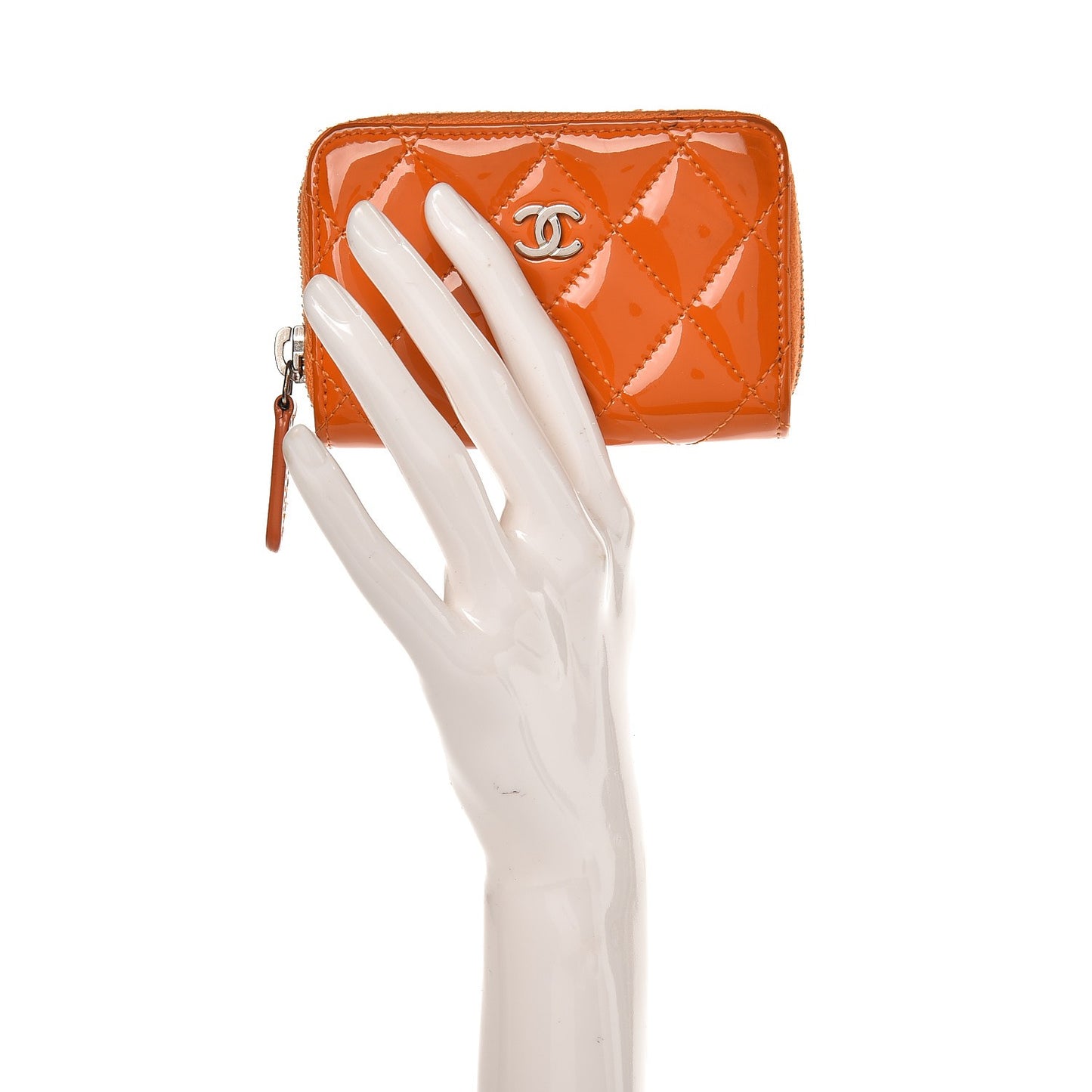 Patent Calfskin Quilted Zip Coin Purse Orange
