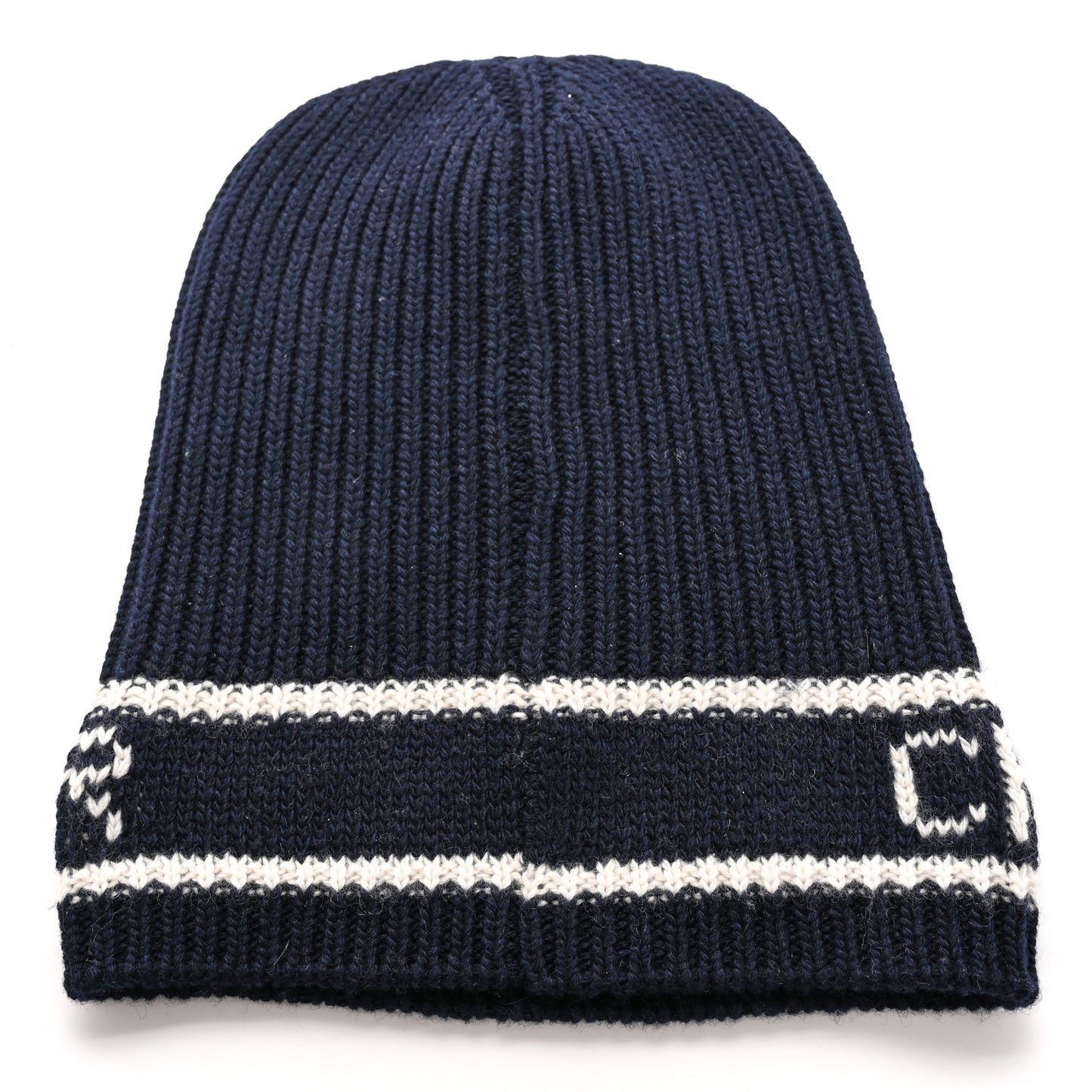 Cashmere Wool D-White Beanie Navy Blue White