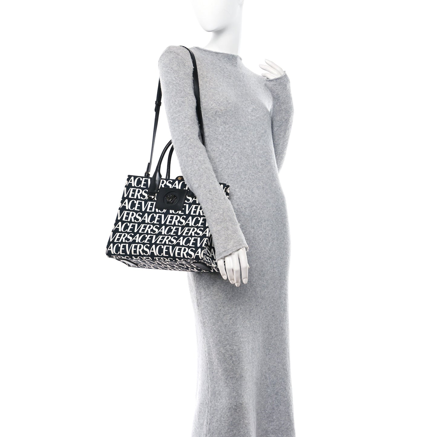 Canvas Calfskin Allover La Medusa Small Tote Black