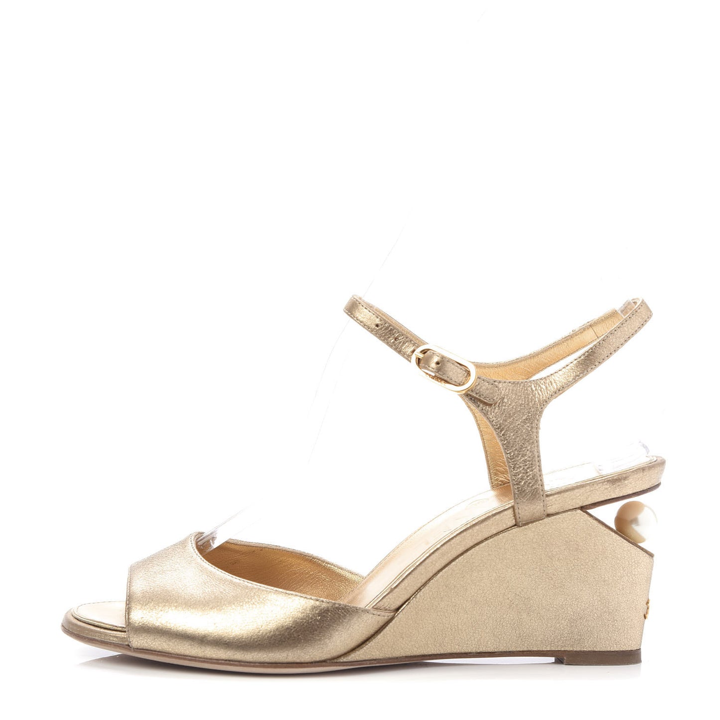 Metallic Calfskin Pearl Wedge Sandals 36 Gold