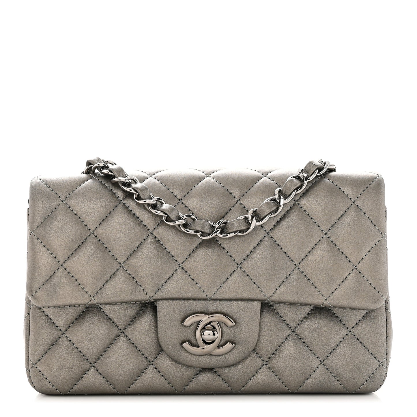 Metallic Calfskin Quilted Mini Rectangular Flap Ruthenium