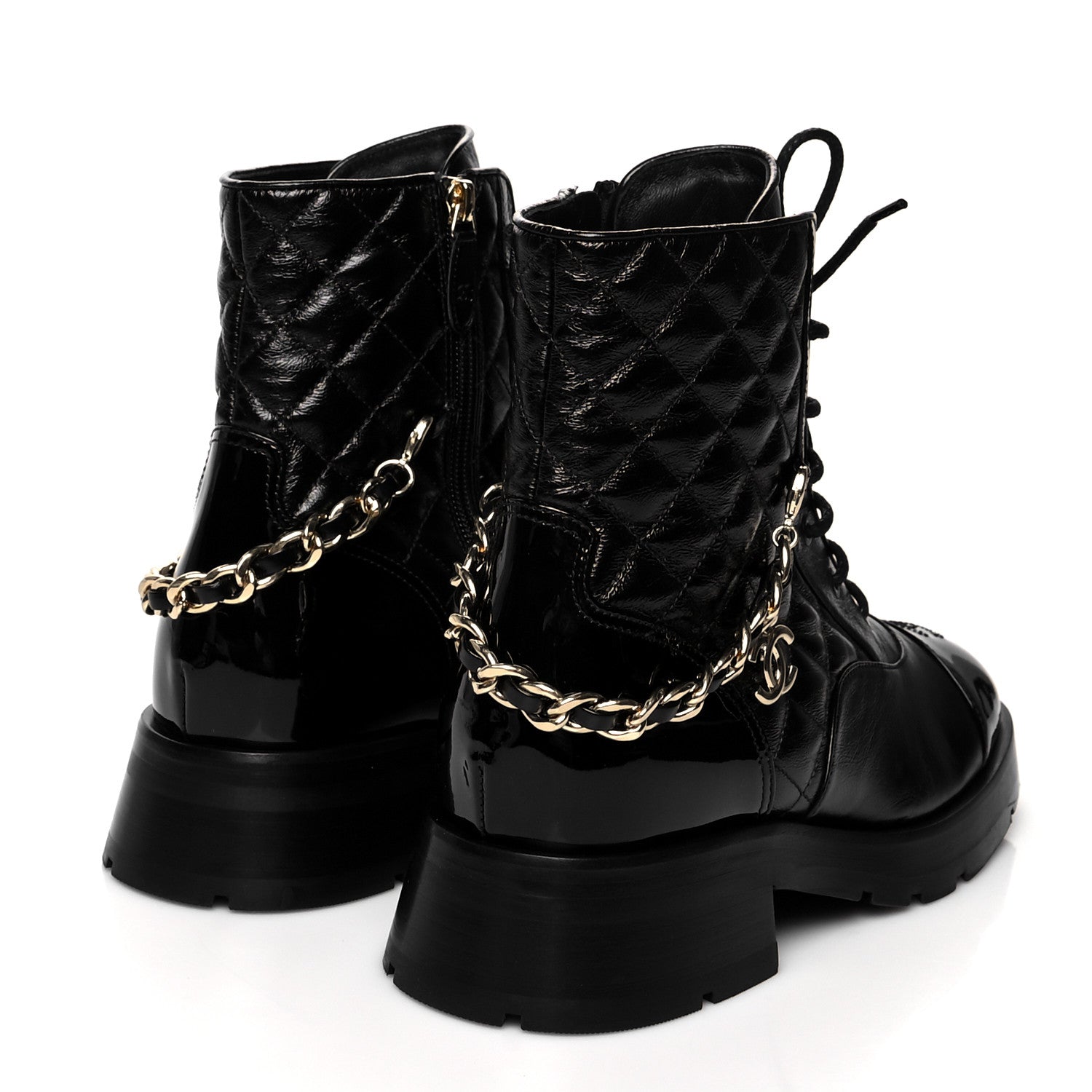 Chanel Shiny Calfskin Patent Quilted Chain Lace Up Combat Boots 39 Black 4 of 7
