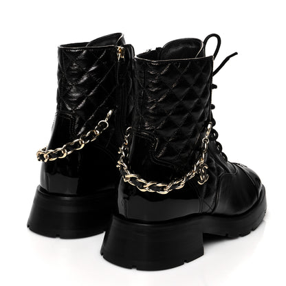 Chanel Shiny Calfskin Patent Quilted Chain Lace Up Combat Boots 39 Black 4 of 7