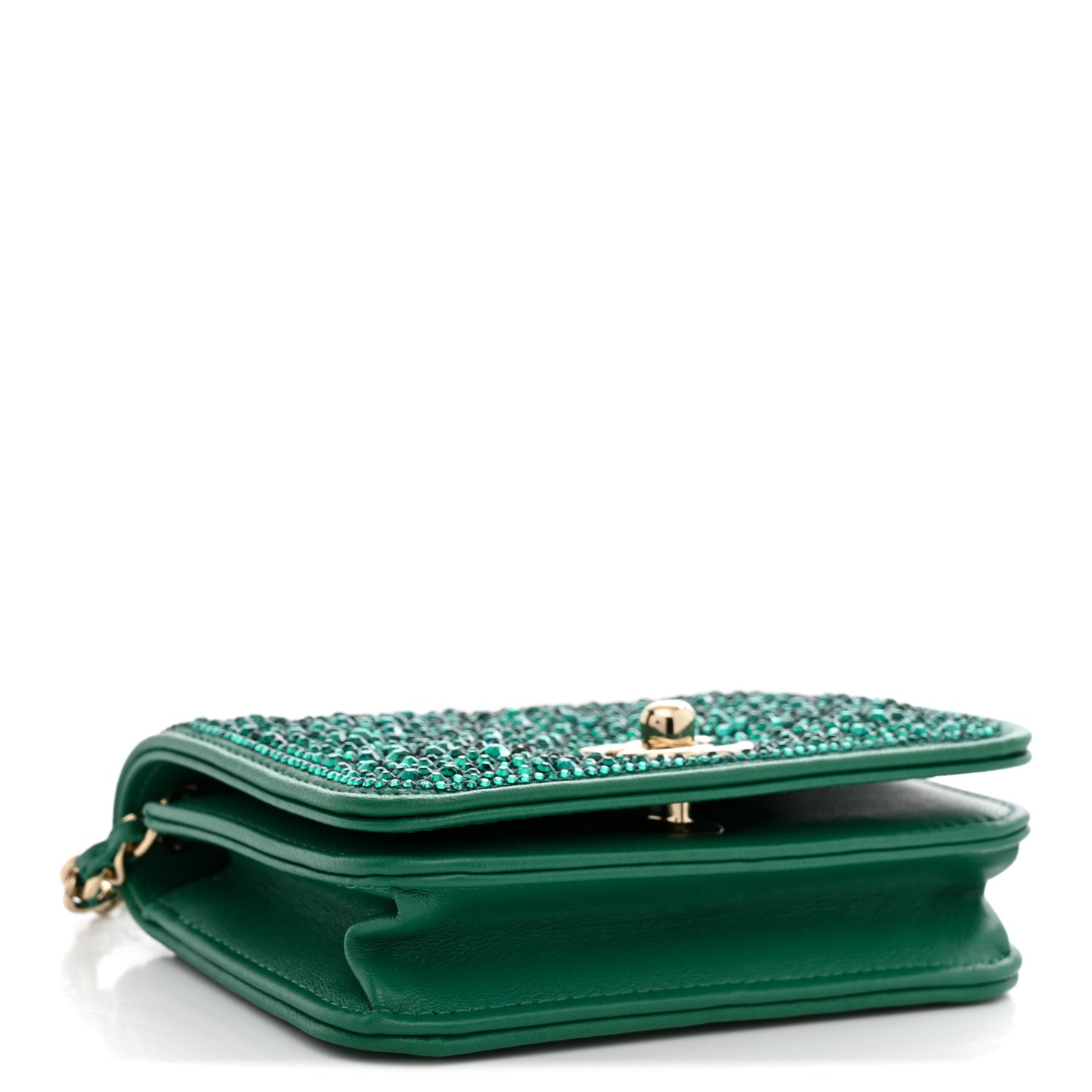 Lambskin Crystal Diamante Clutch With Chain Green