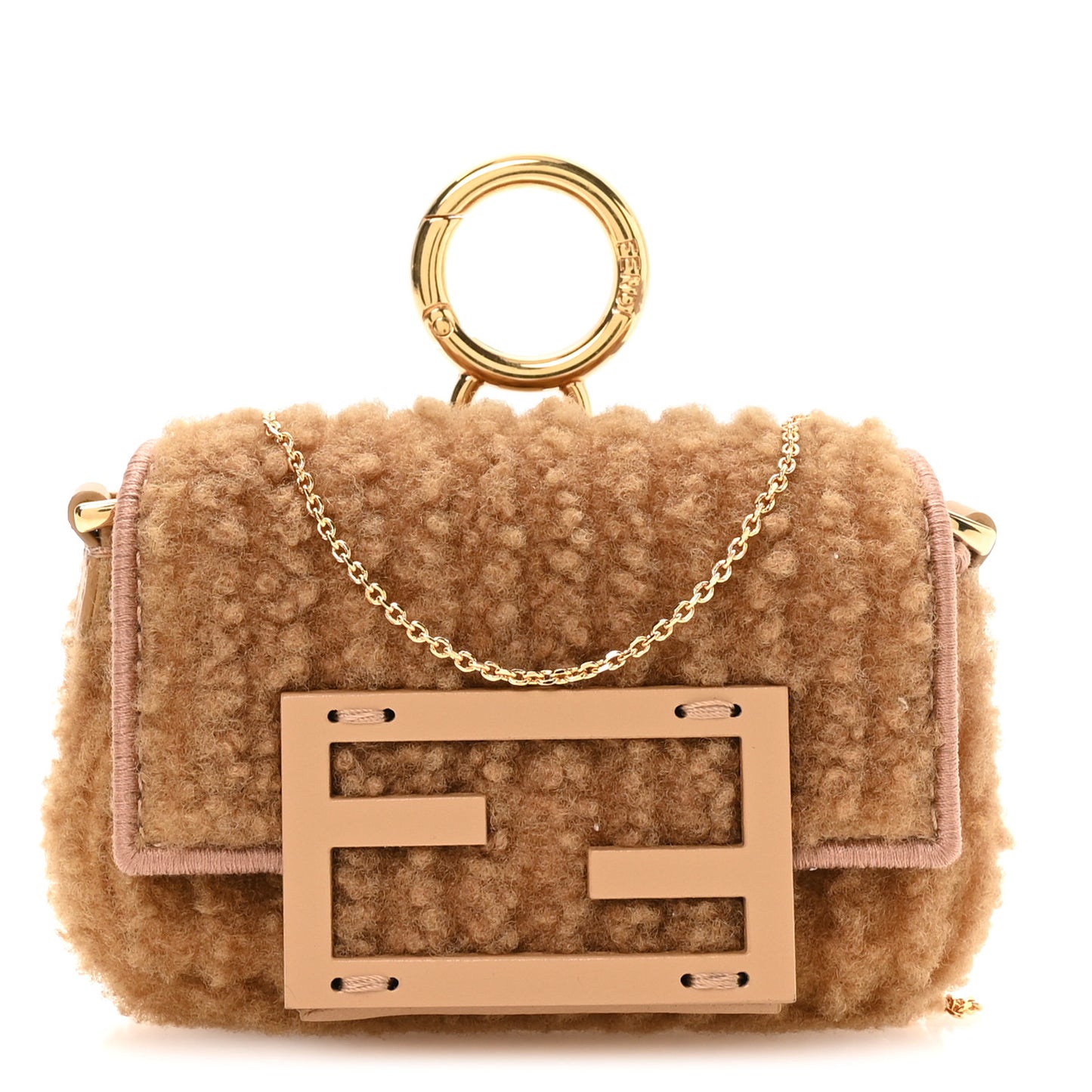 Shearling Nano Maxi Buckle Baguette Charm Camel