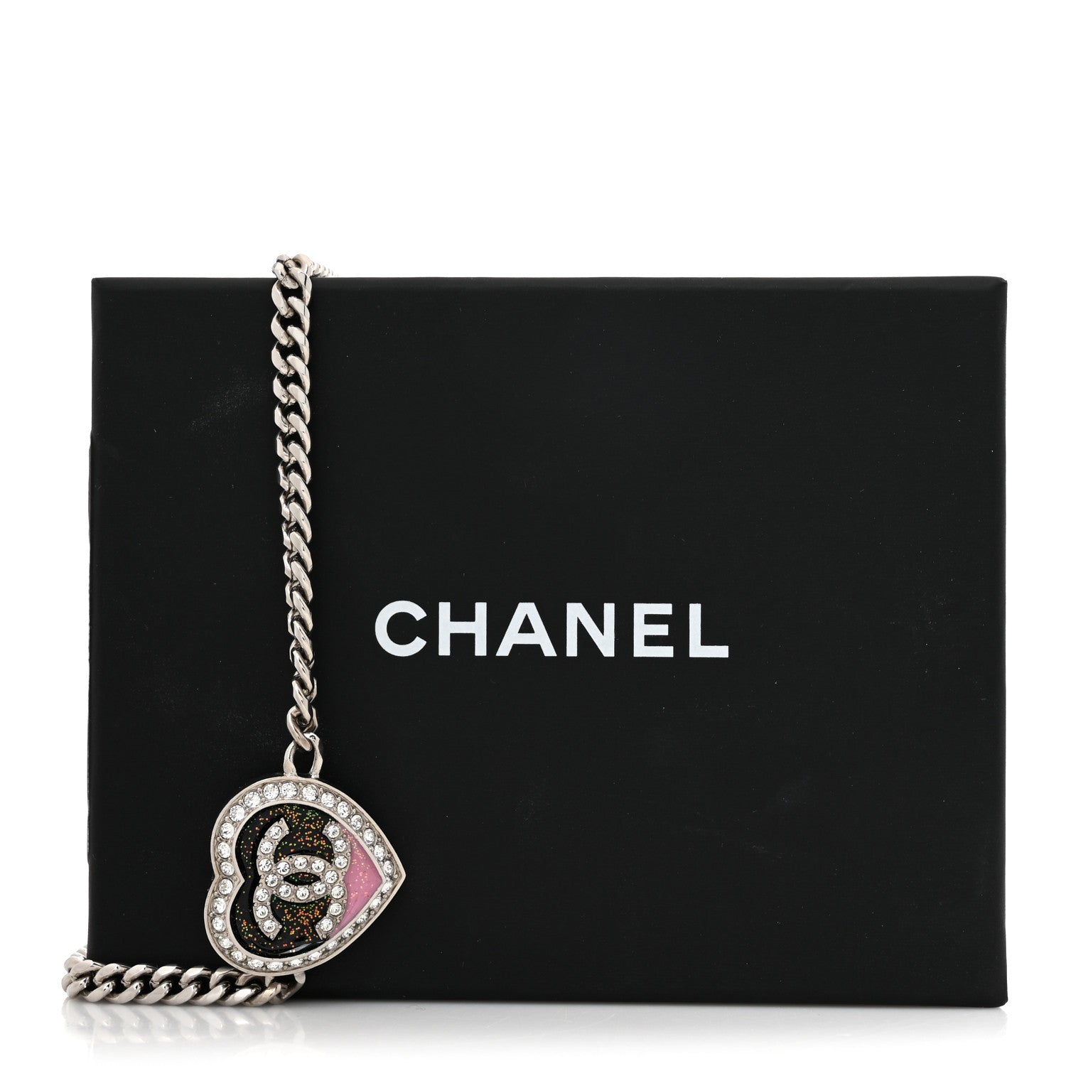 Chanel Resin Crystal Glitter CC Heart Necklace Silver 5 of 5
