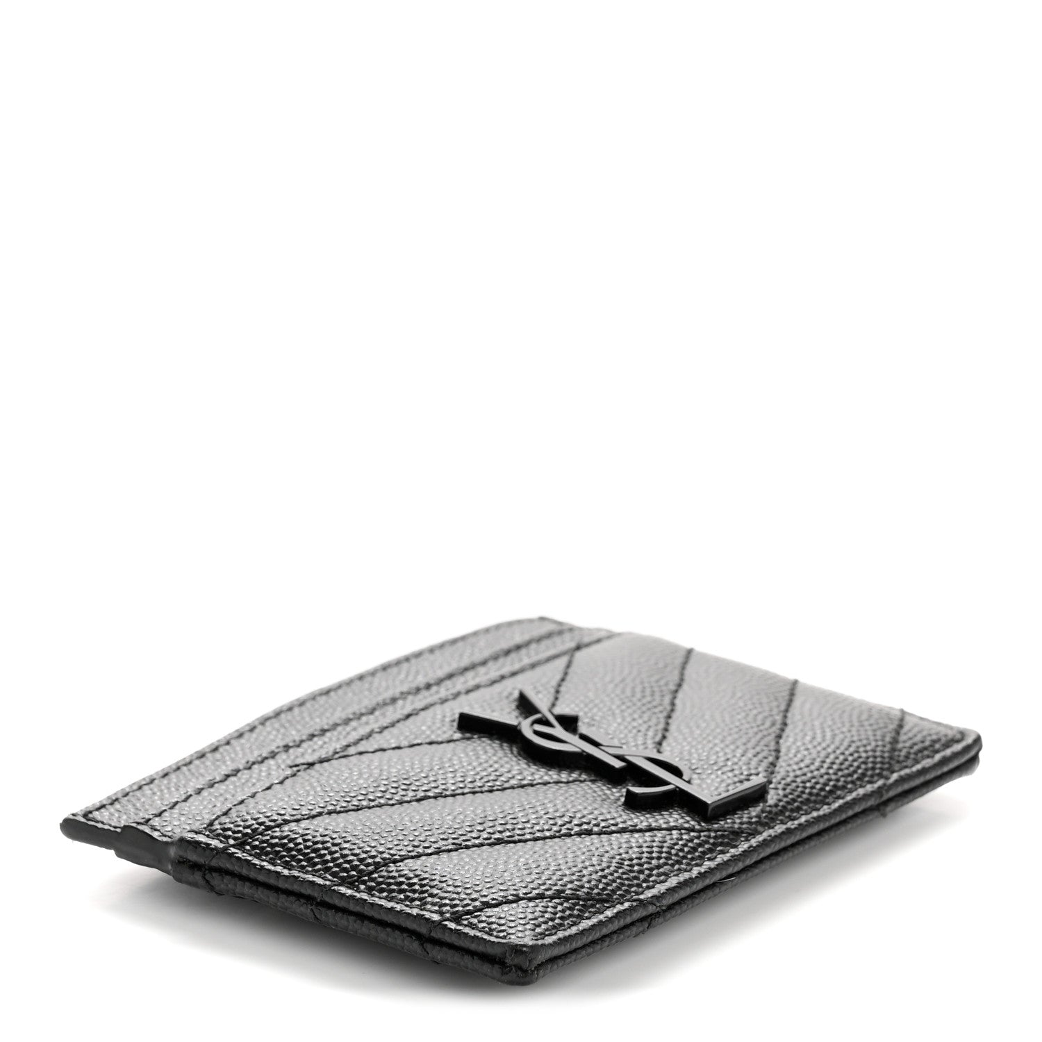 Saint Laurent Grain De Poudre Matelasse Chevron Monochrome Monogram Credit Card Case Black 4 of 7