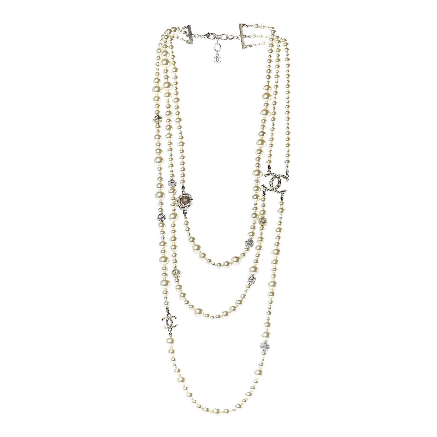 Graduated Pearl Crystal CC Multi Strand Necklace Gold