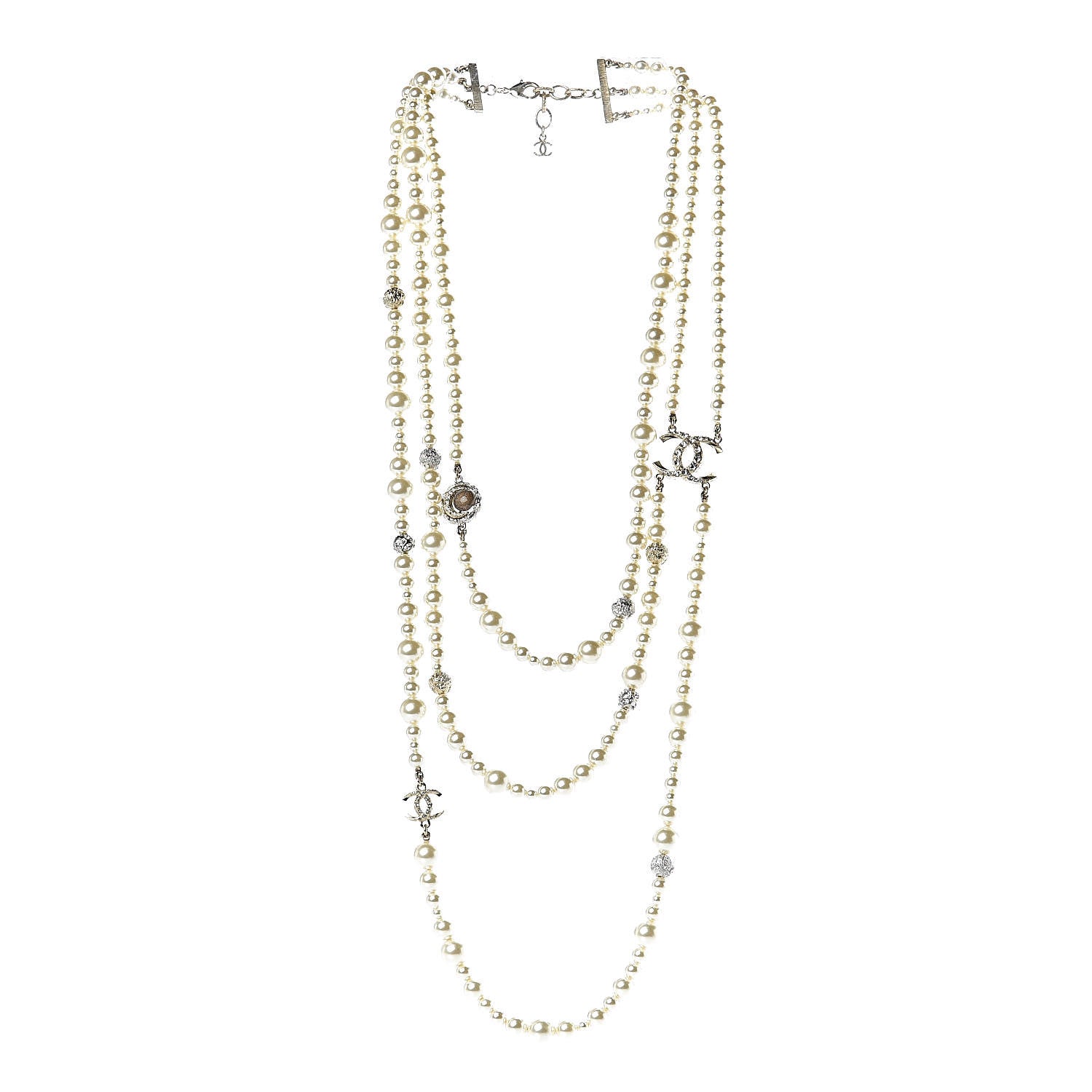 Chanel Graduated Pearl Crystal CC Multi Strand Necklace Gold 3 of 6
