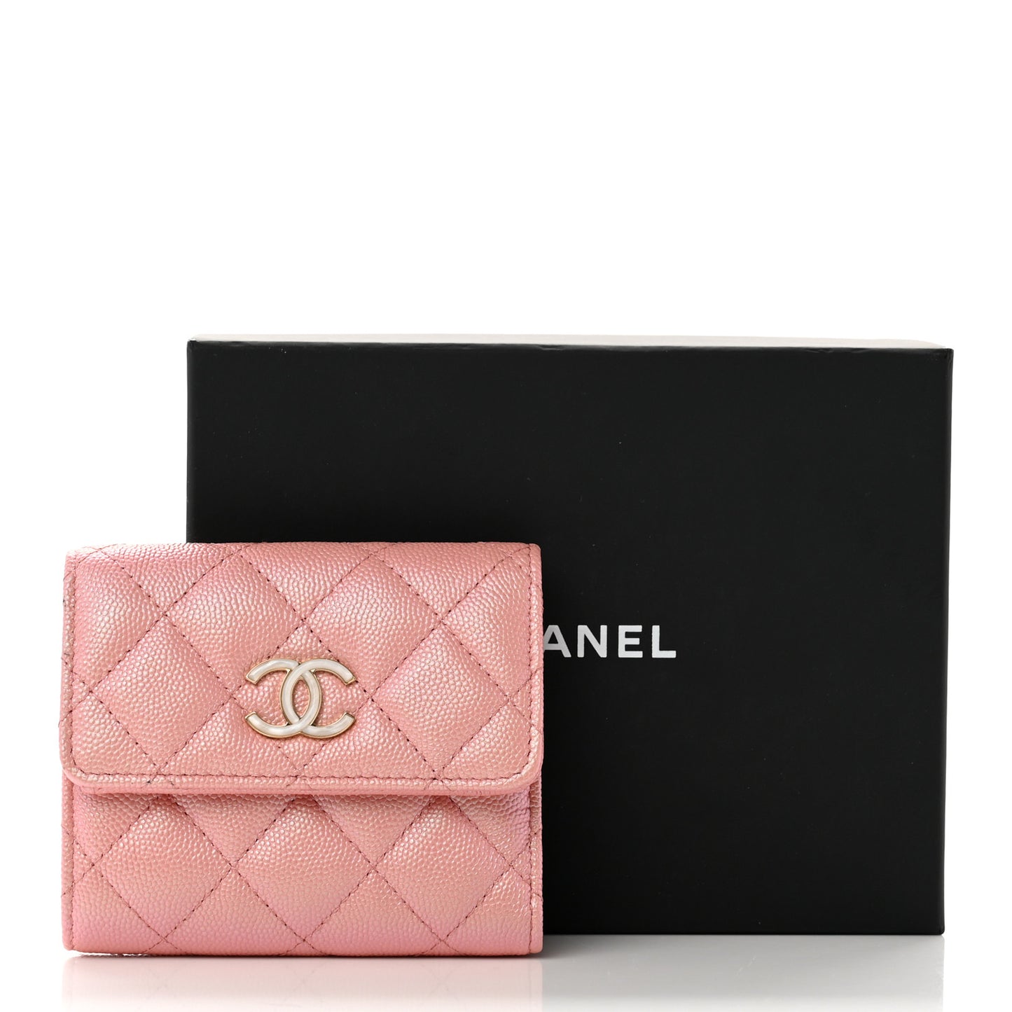 Iridescent Caviar Quilted Small Flap Wallet Rose Pink