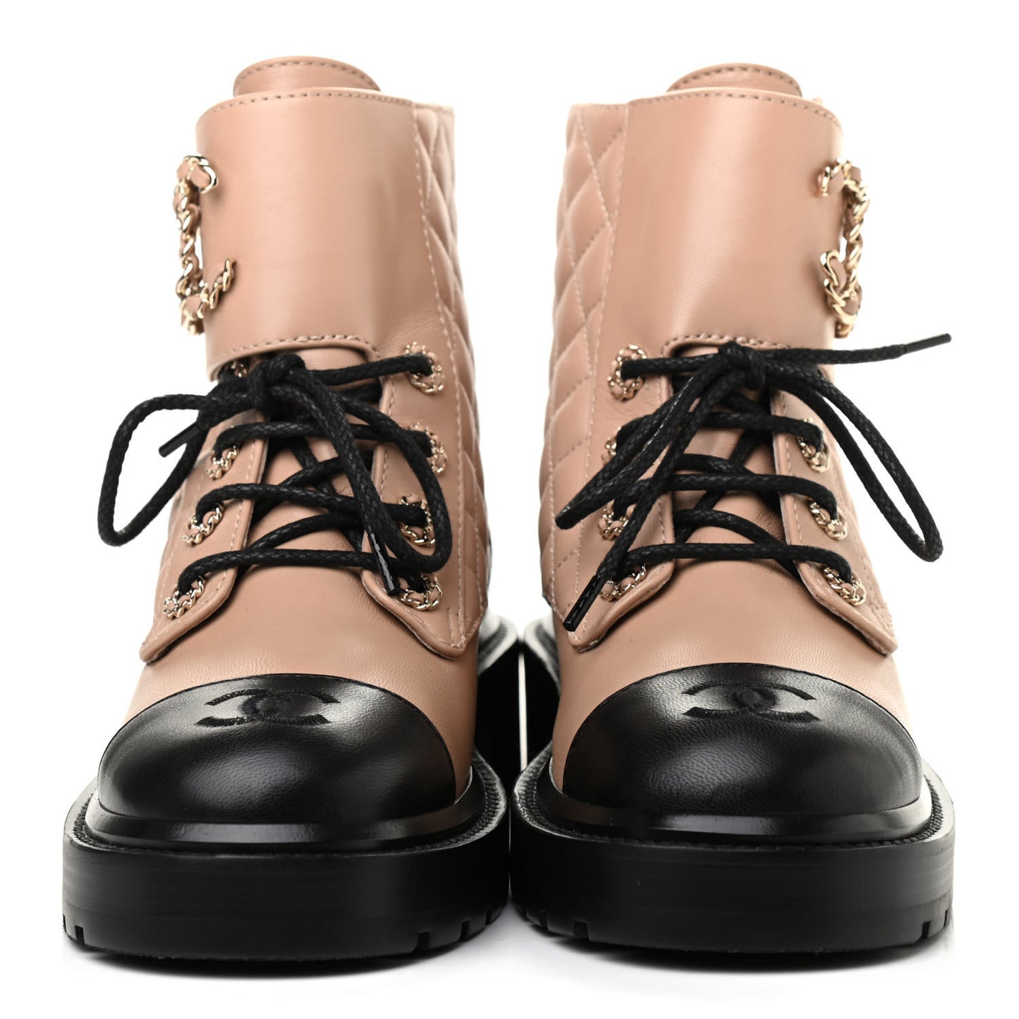 Shiny Lambskin Quilted Lace Up Combat Boots 36 Beige Black
