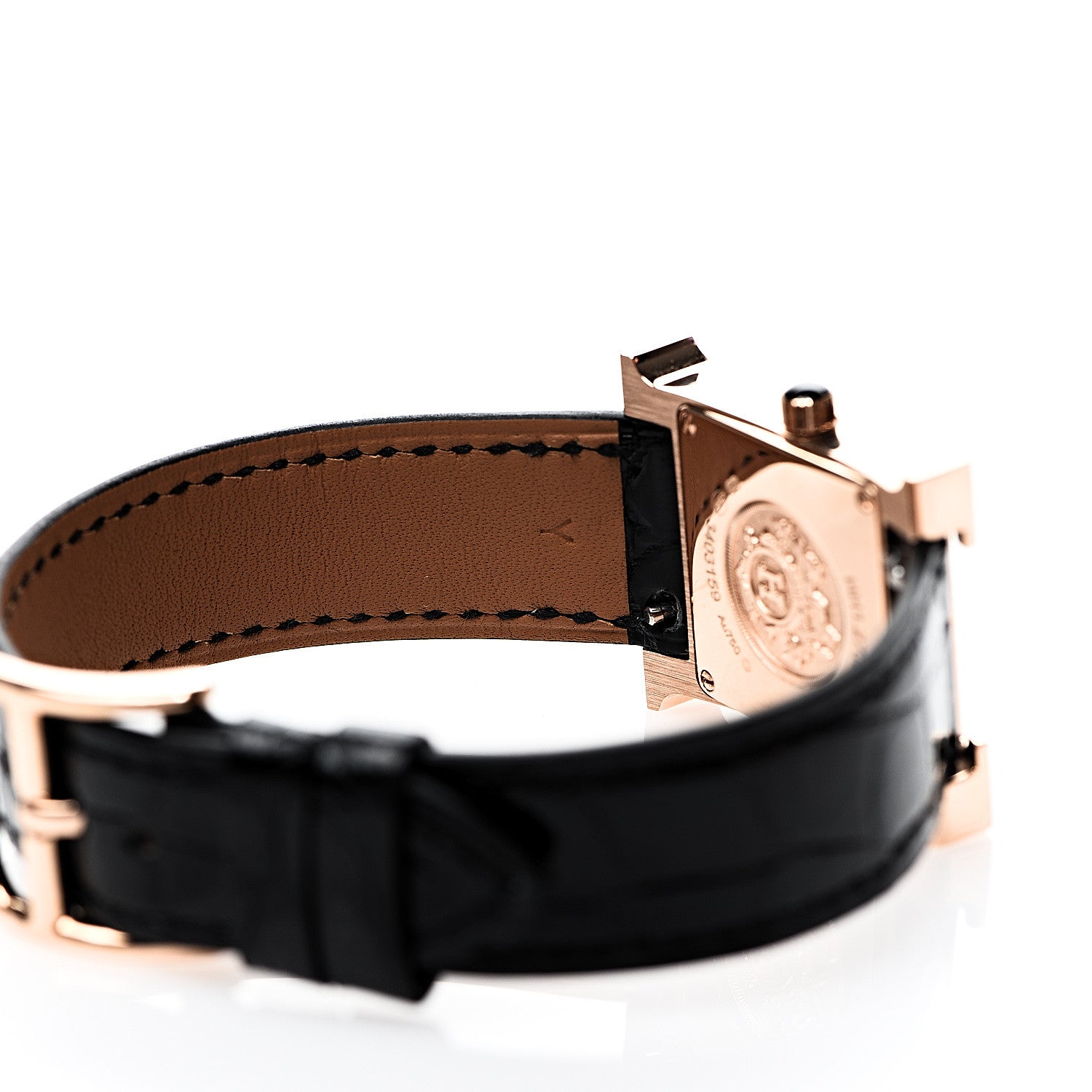 Hermes 18K Rose Gold Alligator Lacquer 21mm Heure H Hour Quartz Watch Noir 5 of 7