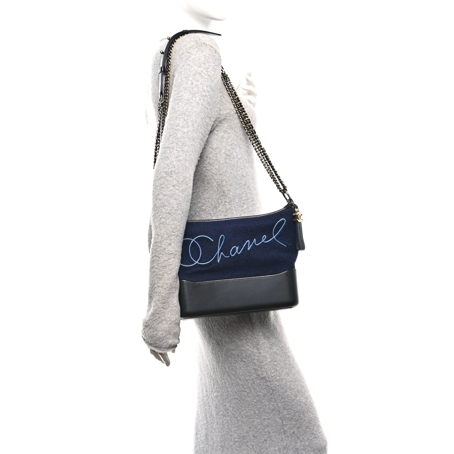 Chanel Calfskin Wool Embroidered Paris Hamburg Medium Gabrielle Hobo Dark Navy Blue 2 of 10