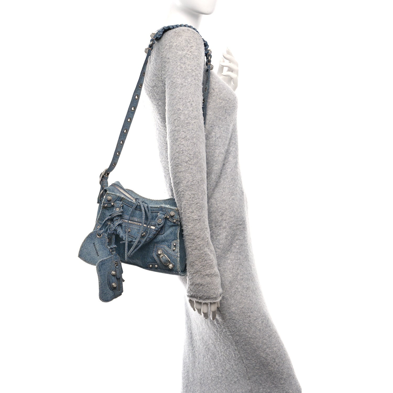 Balenciaga Washed Frayed Denim Crystal Neo Cagole Handbag XS Blue 2 of 15
