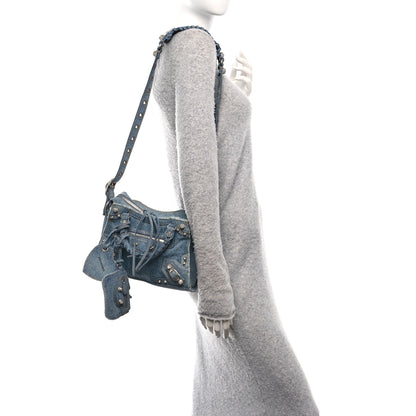 Balenciaga Washed Frayed Denim Crystal Neo Cagole Handbag XS Blue 2 of 15