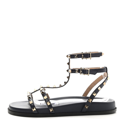 Valentino Garavani Calfskin Bedrock Rockstud Ankle Flat Sandals 40 Dark Blue 1 of 8