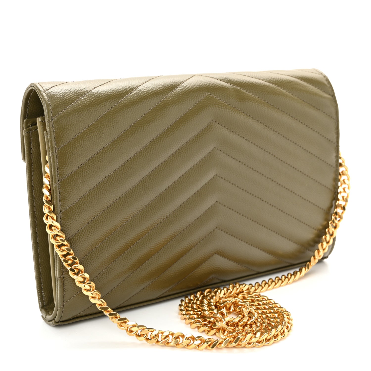 Saint Laurent Grain De Poudre Matelasse Chevron Monogram Chain Wallet Vert Kaki 3 of 9